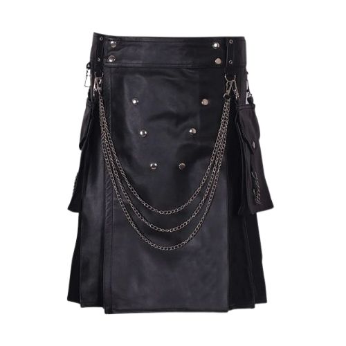 Black-Leather-Kilt-with-Silver-Chains.jpg Black Leather Kilt with Silver Chains - Image 1