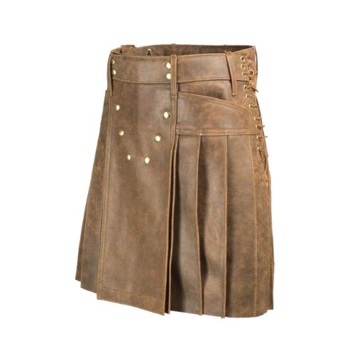Leather-Kilt-brown-Lside.jpg Brown Leather Utility Kilt – Rugged Style with Functionality - Image 1