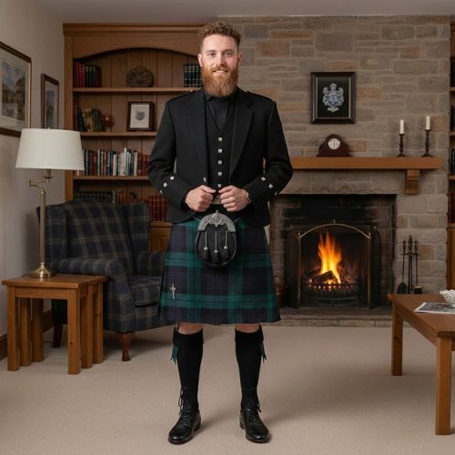 Mens-Argyle-Black-Watch-Tartan-Kilt-Outfit-1.jpg Mens Argyle Black Watch Tartan Kilt Outfit - Image 1