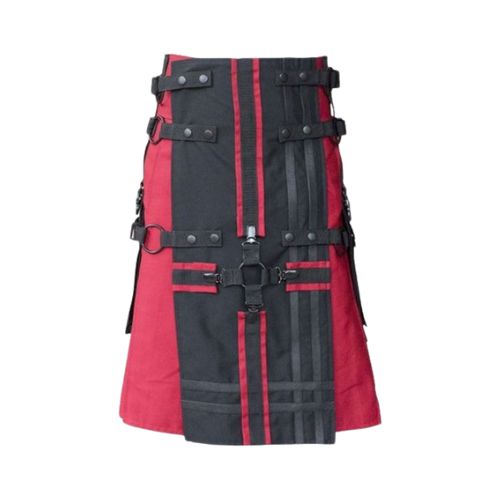 Red-Gothic-Utility-Kilt-with-Cross-Straps-and-Black-Apron.jpg Red Gothic Utility Kilt with Cross Straps and Black Apron - Image 1