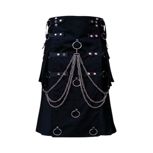 Stylish-Black-Utility-Kilt-with-Decorated-Apron.jpg Stylish Black Utility Kilt with Decorated Apron - Image 1