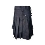 Dark Wash Indigo Denim Kilt with Leather Straps, Buckles, and Cargo Pockets - Image 3