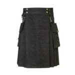 Black Denim Kilt with Decorative Buckles, D-Rings, Brass Studs, and Cargo Pockets