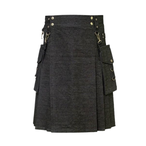 Untitled-design-11.jpg Black Denim Kilt with Decorative Buckles, D-Rings, Brass Studs, and Cargo Pockets - Image 1