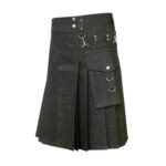 Black Denim Kilt with Decorative Buckles, D-Rings, Brass Studs, and Cargo Pockets - Image 2