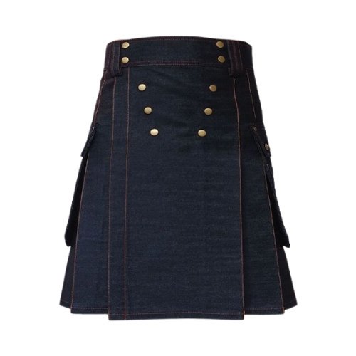 Untitled-design-13.jpg Black Denim Kilt with Orange Stitching and Cargo Pockets - Image 1