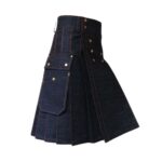 Black Denim Kilt with Orange Stitching and Cargo Pockets - Image 2