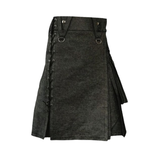 Untitled-design-16.jpg Black Denim Kilt with Side Lacing and Metal D-Rings - Image 1
