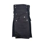 Dark Wash Denim Kilt with Black Leather Panel, Cargo Pockets, Silver Studs, and Buckles