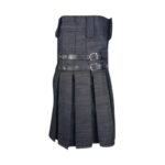 Dark Wash Denim Kilt with Black Leather Panel, Cargo Pockets, Silver Studs, and Buckles - Image 2