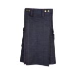 Dark Wash Denim Kilt with Red Stitching, Cargo Pockets, and Brass Studs