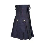 Dark Wash Denim Kilt with Red Stitching, Cargo Pockets, and Brass Studs - Image 2