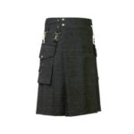 Black Denim Kilt with Decorative Buckles, D-Rings, Brass Studs, and Cargo Pockets - Image 3
