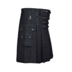 Black Denim Kilt with Silver Studs, Buckles, and Cargo Pockets - Image 3