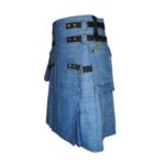 Blue Denim Kilt with Black Leather Straps, Buckles, and Cargo Pocket - Image 2
