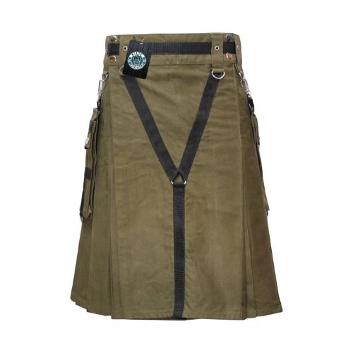 Untitled-design-2025-09-01T142456.002.jpg Men's Olive Green Utility Kilt with Adjustable Suspenders - Image 1