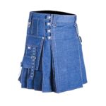 Blue Denim Kilt with White Stitching, Cargo Pocket, and Decorative Buckles