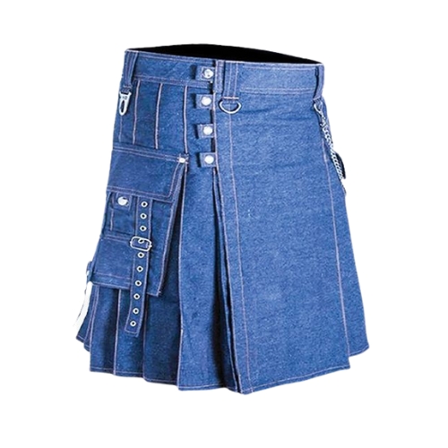 Untitled-design-26.jpg Blue Denim Kilt with White Stitching, Cargo Pocket, and Decorative Buckles - Image 1