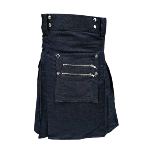Untitled-design-27.jpg Blue Denim Kilt with Zippered Pockets and Decorative Studs - Image 1