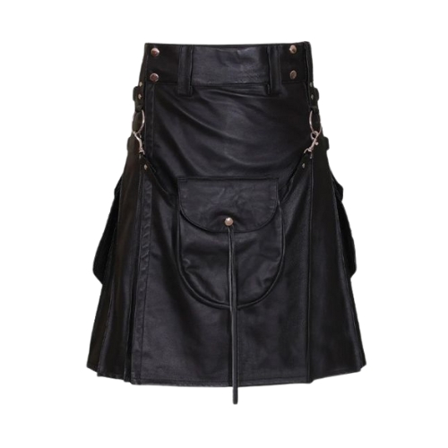 Untitled-design-32.jpg Black Leather Kilt with Detachable Pocket and Side Straps - Image 1