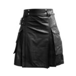 Black Leather Utility Kilt with Cargo Pockets and Snap Details