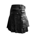 Black Leather Utility Kilt with Cargo Pockets and Snap Details - Image 3