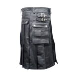 Black Leather Utility Kilt with Cargo Pockets and Snap Details - Image 2