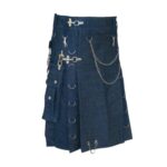 Blue Denim Kilt with Black Leather Straps, Buckles, and Silver Studs