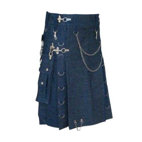 Untitled-design-40.jpg Blue Denim Kilt with Black Leather Straps, Buckles, and Silver Studs - Image 1