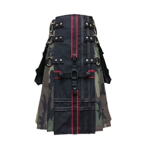 Untitled-design-46.jpg Camouflage and Black Kilt with Red Stripes, Cargo Pockets, and Studs - Image 1