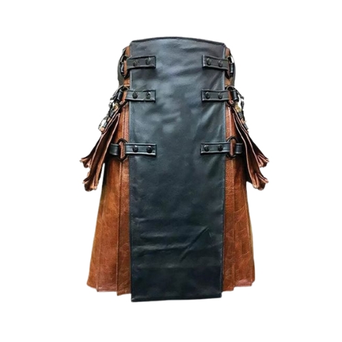Untitled-design-52.jpg Brown Leather Gothic Kilt with Black Apron and Buckle Details - Image 1
