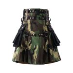 Camouflage and Black Tactical Kilt with Metal Accents and Adjustable Straps