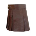 Classic Brown Leather Kilt with Pleated Design and Wide Belt
