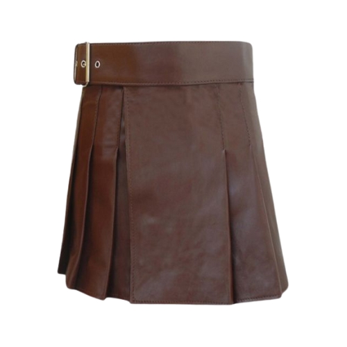 Untitled-design-64.jpg Classic Brown Leather Kilt with Pleated Design and Wide Belt - Image 1