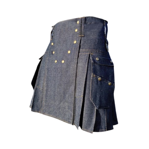 Untitled-design-67.jpg Classic Blue Denim Kilt with Cargo Pockets and Brass Studs - Image 1
