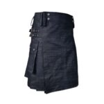 Dark Wash Indigo Denim Kilt with Leather Straps, Buckles, and Cargo Pockets - Image 2