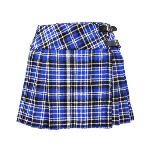 Womens-Royal-Blue-and-Black-Tartan-Mini-Kilt-with-Dual-Buckles.webp Women's Royal Blue and Black Tartan Mini Kilt with Dual Buckles - Image 1