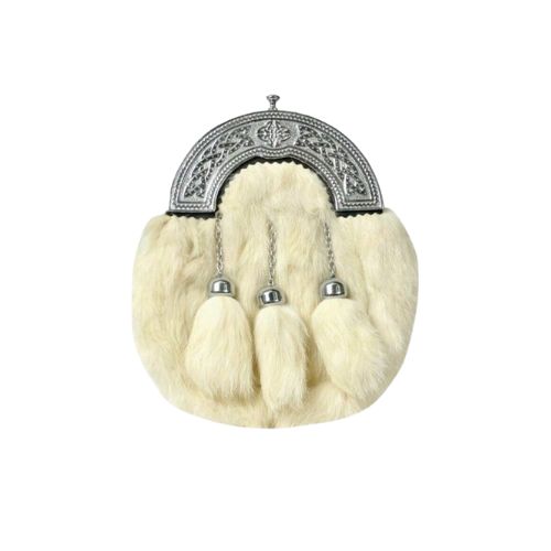 white-rabbit-fur-kilt-sporran-with-3-tassels.jpg White Rabbit Fur Kilt Sporran with 3 Tassels - Image 1